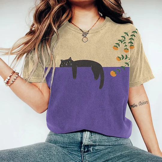 Elena – Unisex Vintage T-shirt met Kat en Japanse Print