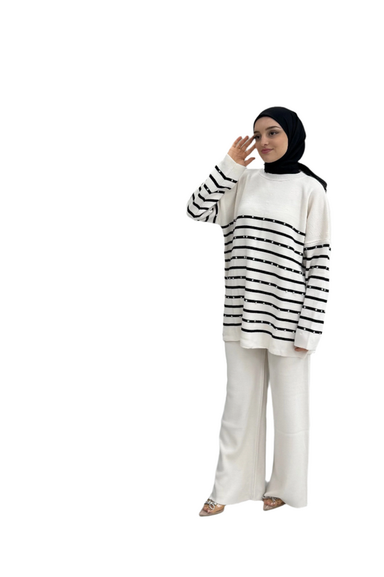 Rabiya – Gestreepte Cozy Creme Dames Trui