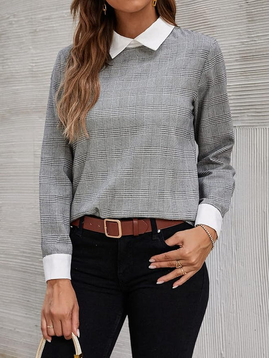 Clara – Damesblouse met Ruitjes en Contrasterende Kraag