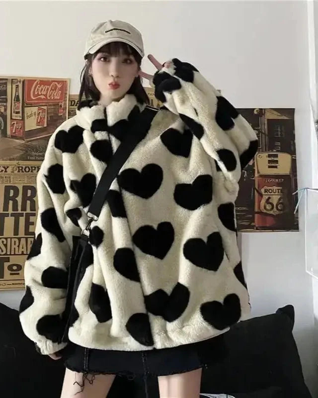 Giulia – Cozy Heart Pattern Faux Fur Winterjas voor Dames