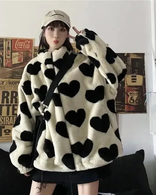 Giulia – Cozy Heart Pattern Faux Fur Winterjas voor Dames