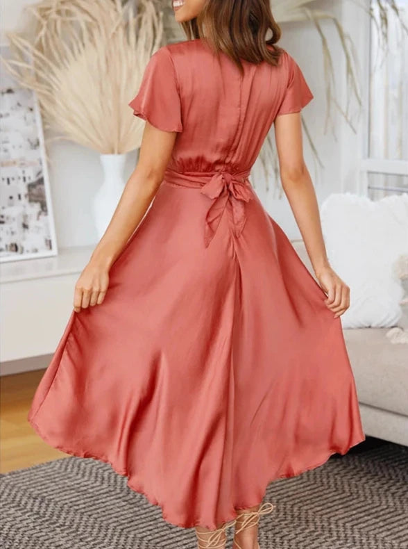 Amira – Elegante V-Hals Satijnen Jurk voor Dames