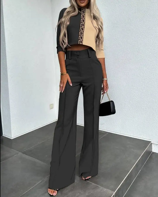 Layla – Elegante Dames Set met Hoge Hals Top &amp; Micro Horn Elegante Broek