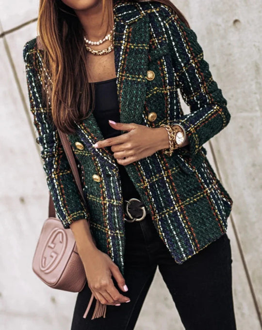 Elena – Geruite Damesblazer met Dubbele Knopen