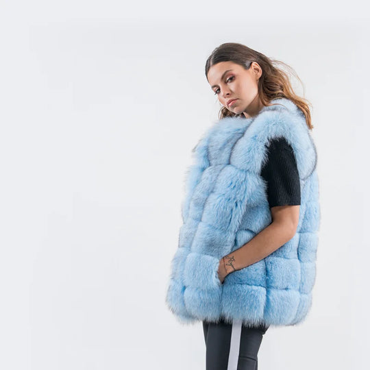 Sofia – Luxe Blauwe Fox Fur Vest voor Dames