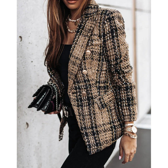 Elena – Geruite Damesblazer met Dubbele Knopen
