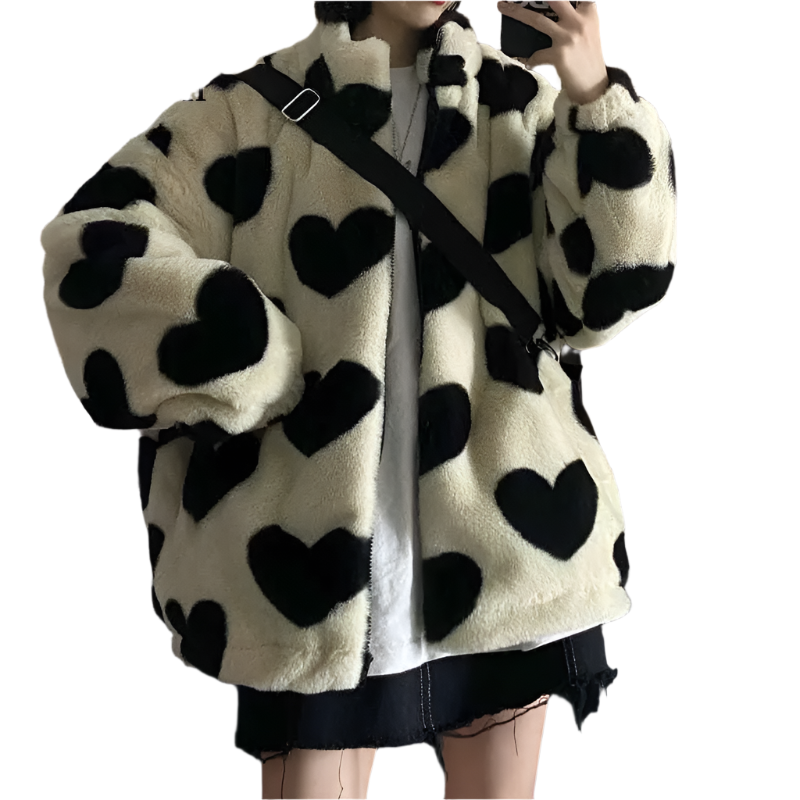 Giulia – Cozy Heart Pattern Faux Fur Winterjas voor Dames
