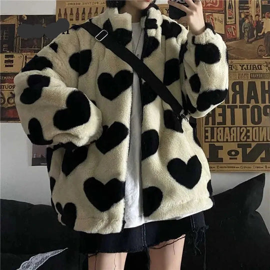 Giulia – Cozy Heart Pattern Faux Fur Winterjas voor Dames