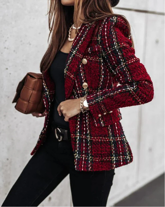 Elena – Geruite Damesblazer met Dubbele Knopen