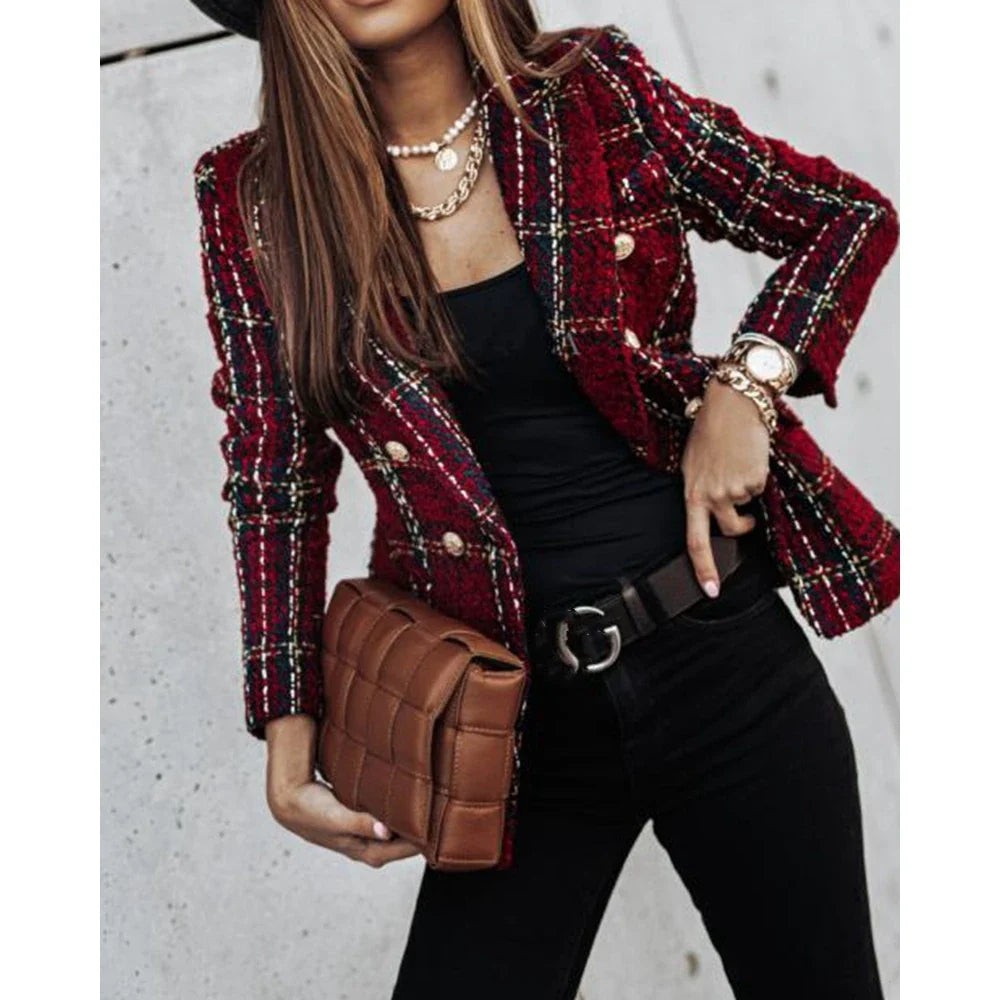 Elena – Geruite Damesblazer met Dubbele Knopen