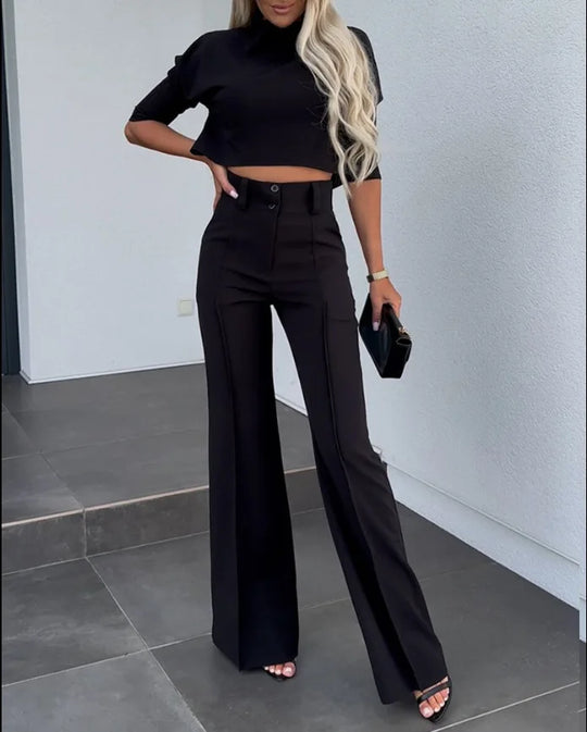 Layla – Elegante Dames Set met Hoge Hals Top &amp; Micro Horn Elegante Broek