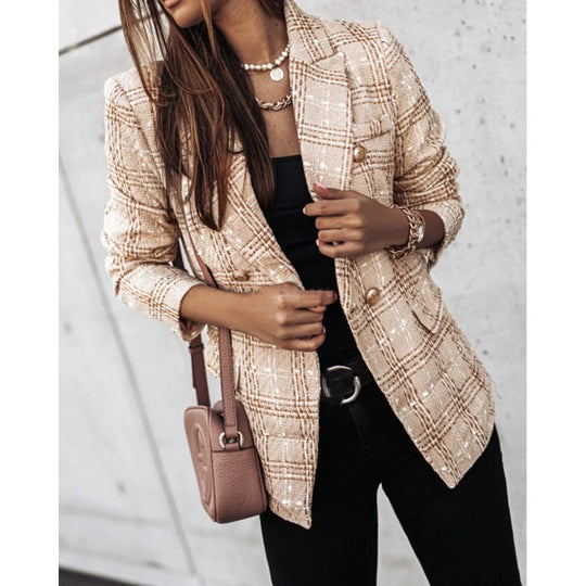 Elena – Geruite Damesblazer met Dubbele Knopen