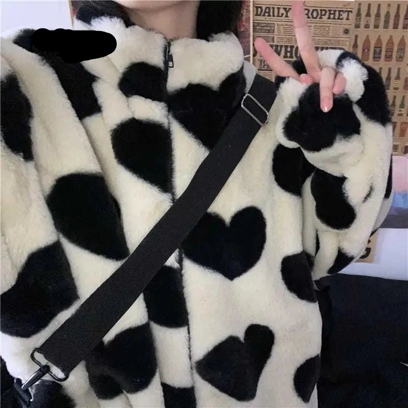 Giulia – Cozy Heart Pattern Faux Fur Winterjas voor Dames