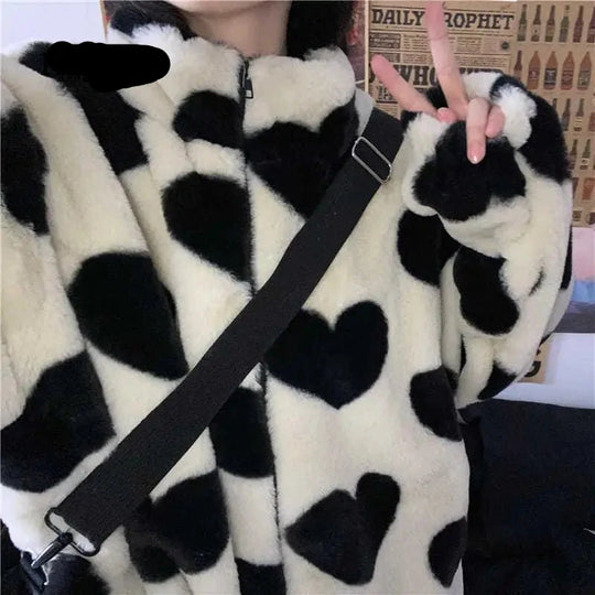 Giulia – Cozy Heart Pattern Faux Fur Winterjas voor Dames