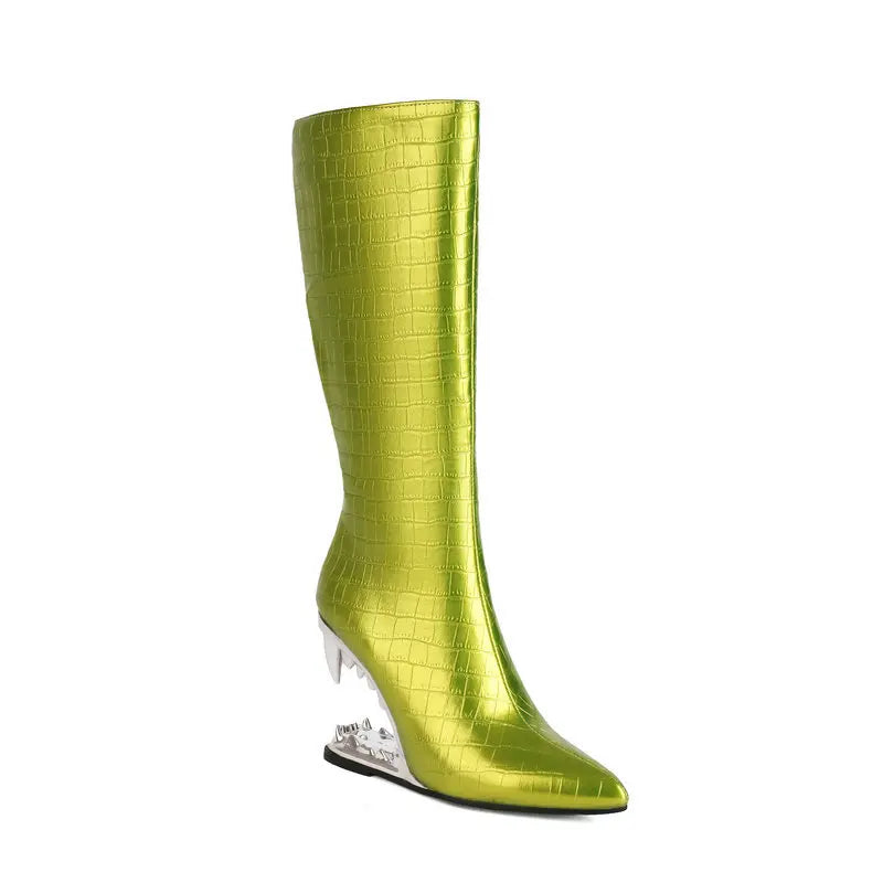 Sofia – Metallic Dames Enkellaarsjes met Cutout Tiger Tooth Hak