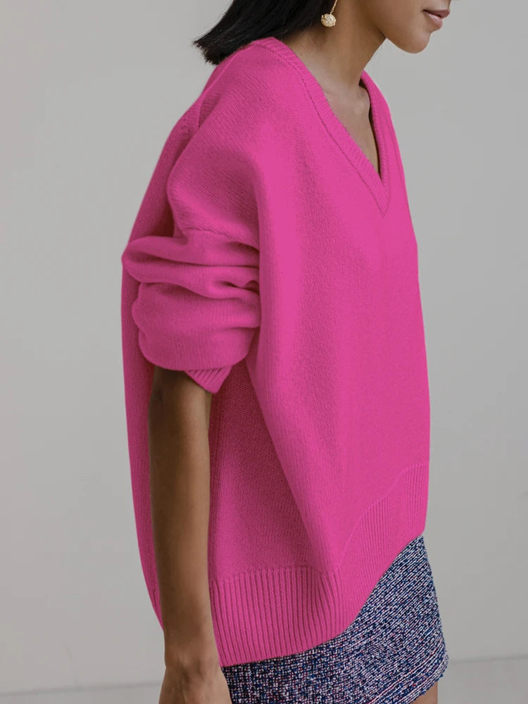 Geraldine – Cozy Rose Rode V-hals Gebreide Trui voor Dames