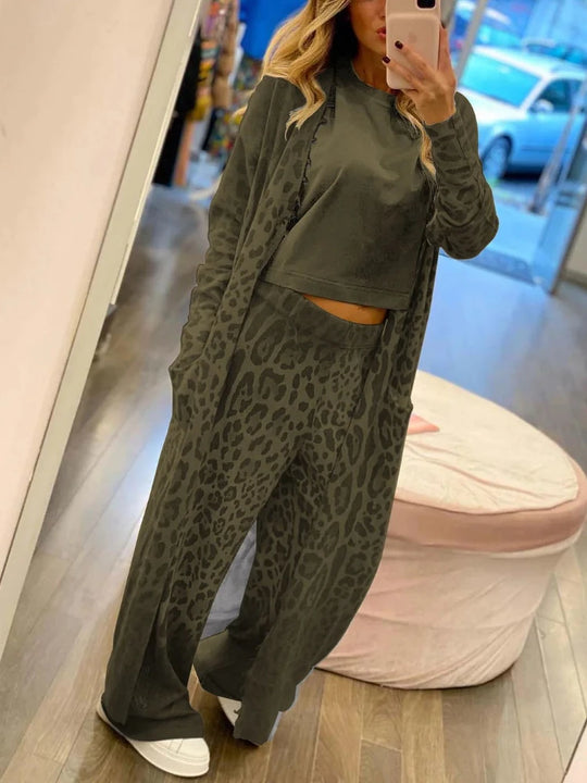 Sanaa – Leopardprint Dames Langharige Cardigan Jas &amp; Broek Set