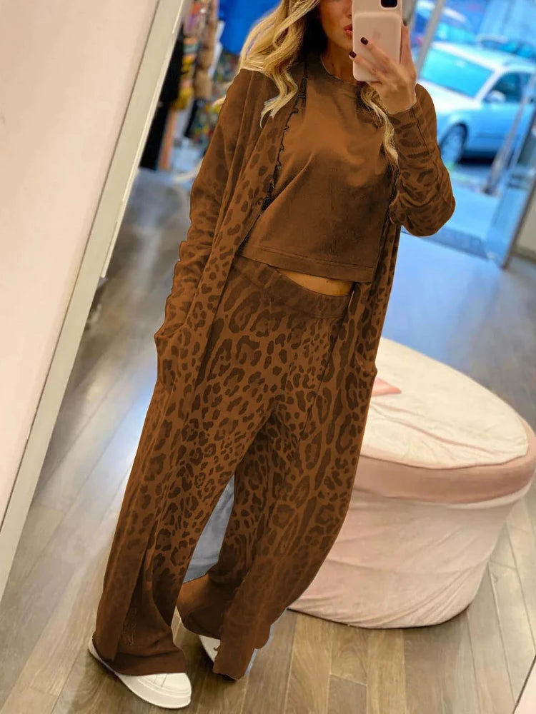 Sanaa – Leopardprint Dames Langharige Cardigan Jas &amp; Broek Set