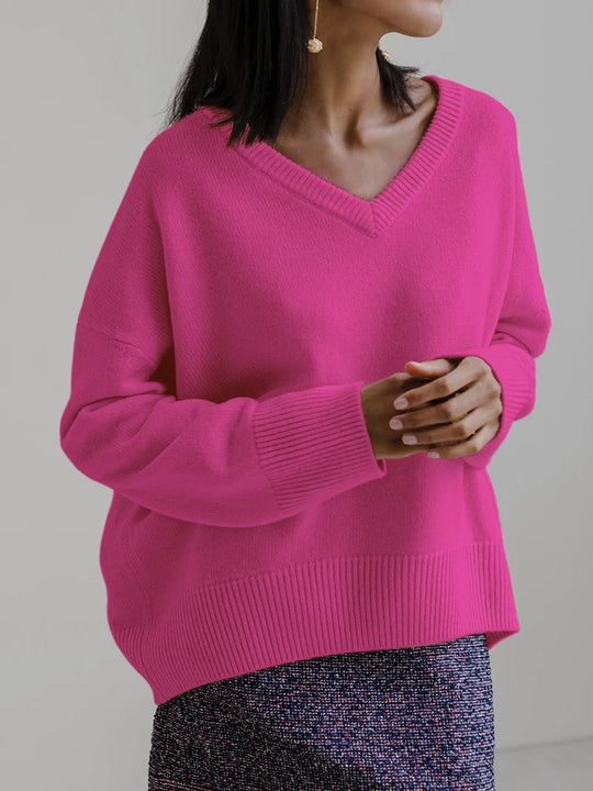 Geraldine – Cozy Rose Rode V-hals Gebreide Trui voor Dames