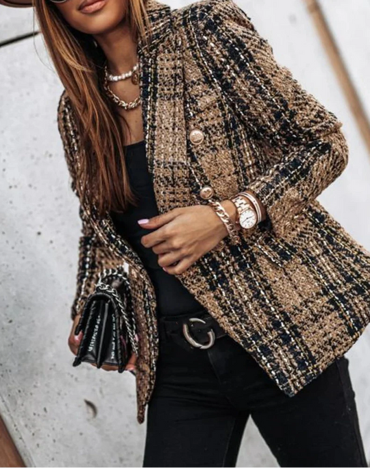 Elena – Geruite Damesblazer met Dubbele Knopen