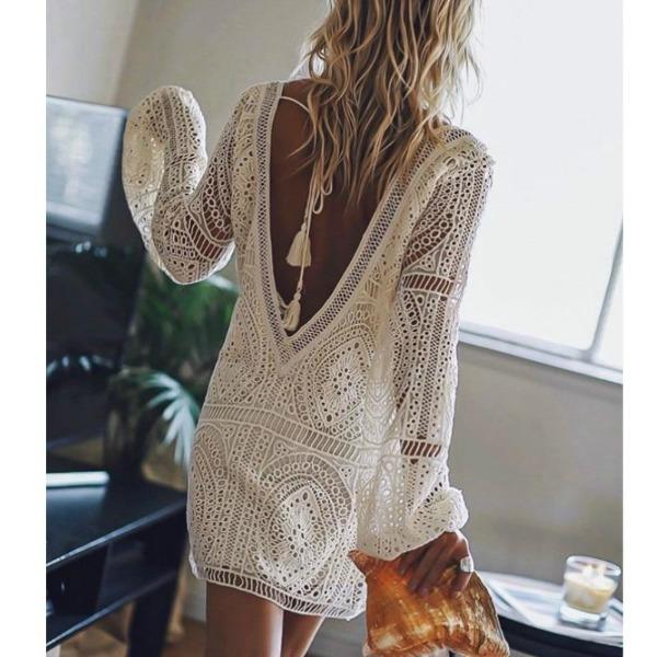 Geraldine – Elegante Witte Kanten Mini Jurk met Open Rug voor Dames