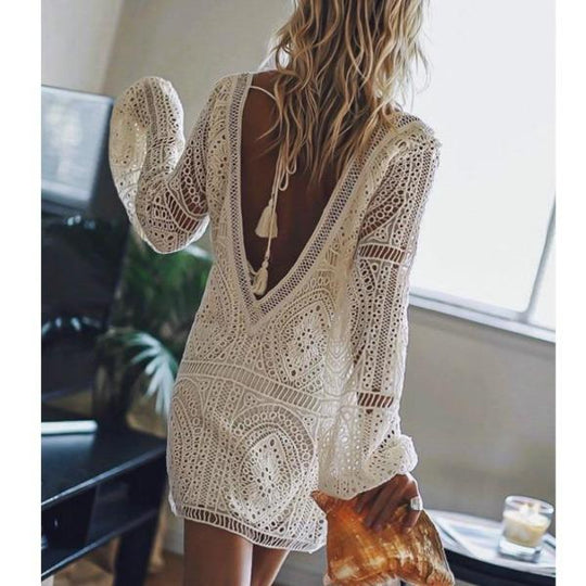 Geraldine – Elegante Witte Kanten Mini Jurk met Open Rug voor Dames