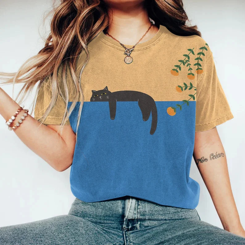 Elena – Unisex Vintage T-shirt met Kat en Japanse Print