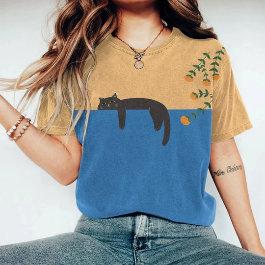 Elena – Unisex Vintage T-shirt met Kat en Japanse Print