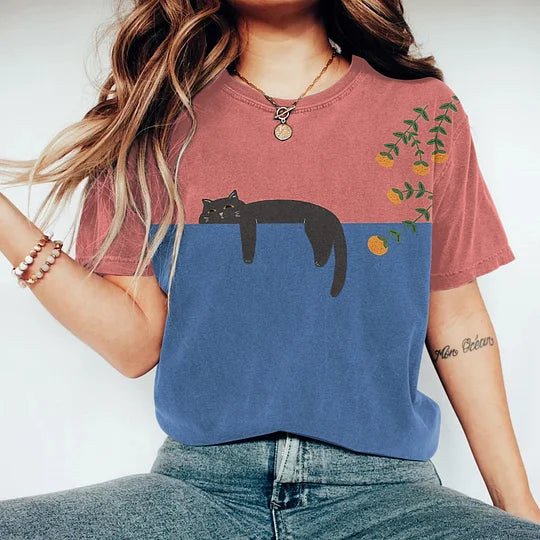 Elena – Unisex Vintage T-shirt met Kat en Japanse Print